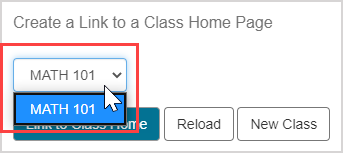 Under Create a Link to a Class Home Page, the dropdown menu contains a list of classes